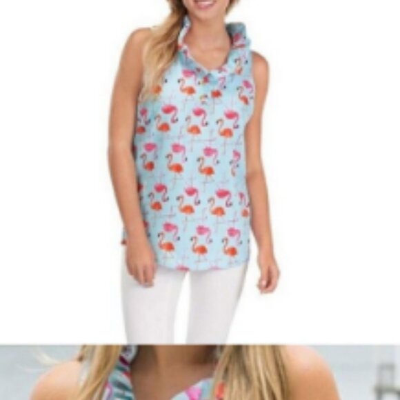 Mudpie Whitney Ruffle Collar Flamingo Print Tunic Blouse Sz XS - Picture 10 of 10